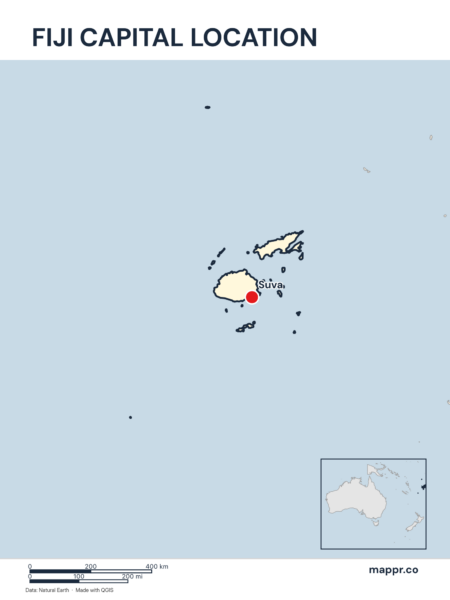 Detailed map pinpointing Suva, the capital of Fiji.