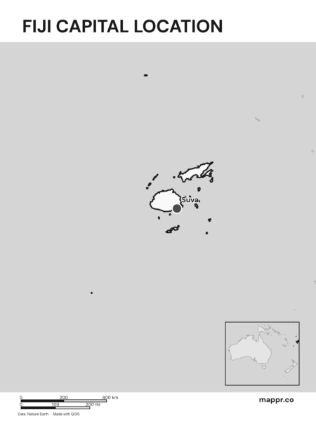 Detailed map pinpointing Suva, the capital of Fiji (black and white).