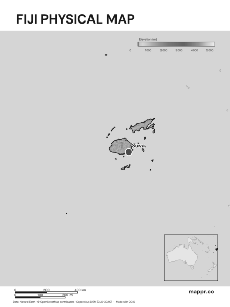 Map featuring Suva, the capital of Fiji, with rich topographical detail (black and white).