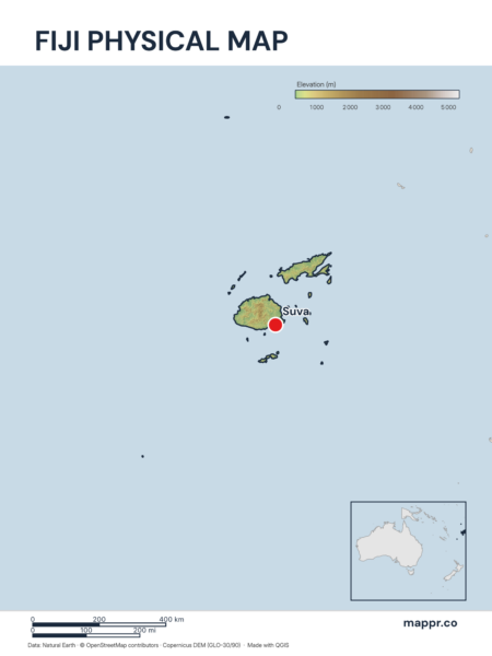 Map featuring Suva, the capital of Fiji, with rich topographical detail.