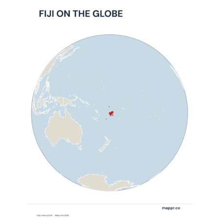 A map highlighting Fiji's location on a globe, marked with a red outline.