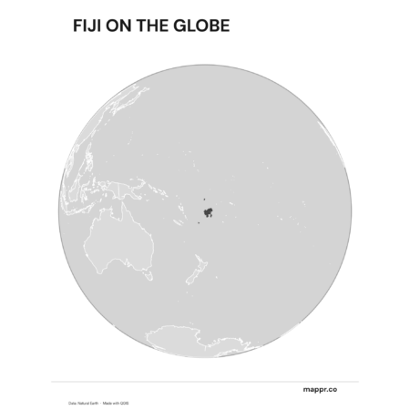 A map highlighting Fiji's location on a globe, marked with a red outline (black and white).