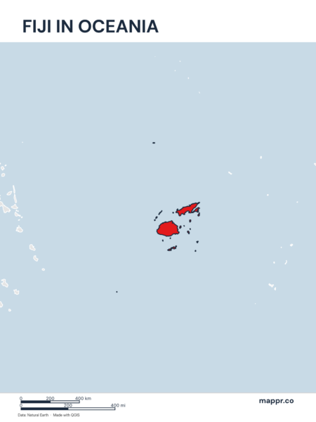 A map highlighting Fiji's location on the oceanian continent.