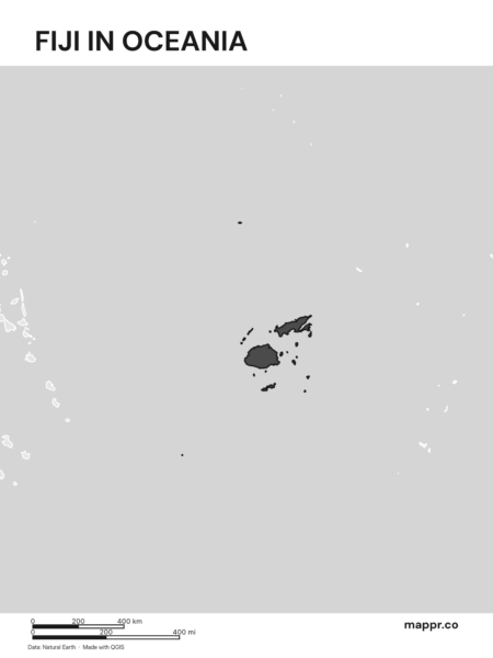A map highlighting Fiji's location on the oceanian continent (black and white).
