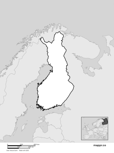Blank political map of Finland showing its international borders without labels (black and white).