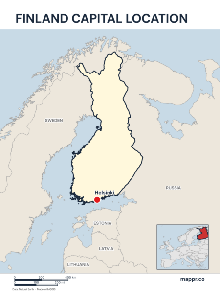 Detailed map pinpointing Helsinki, the capital of Finland.