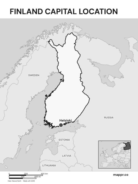 Detailed map pinpointing Helsinki, the capital of Finland (black and white).