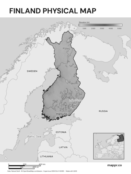 Map featuring Helsinki, the capital of Finland, with rich topographical detail (black and white).