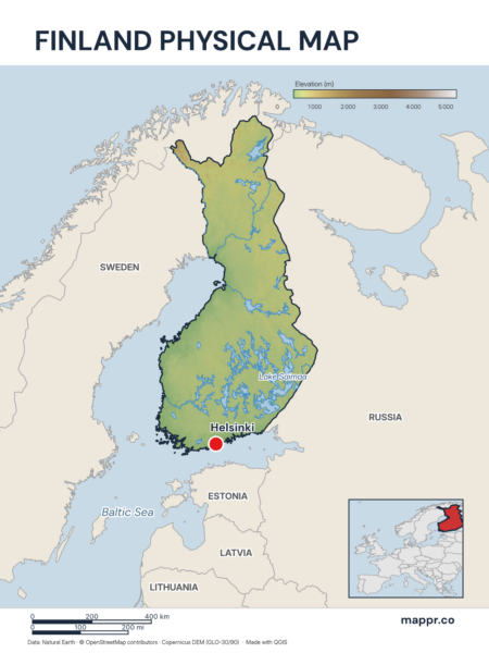 Map featuring Helsinki, the capital of Finland, with rich topographical detail.