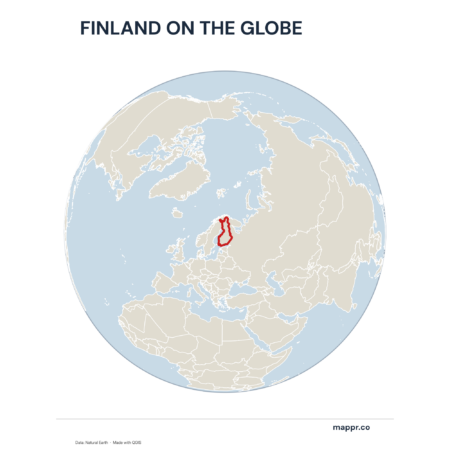 A map highlighting Finland's location on a globe, marked with a red outline.