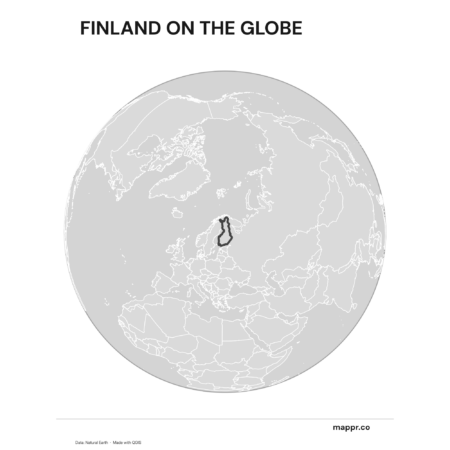 A map highlighting Finland's location on a globe, marked with a red outline (black and white).
