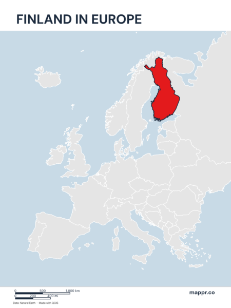 A map highlighting Finland's location on the european continent.