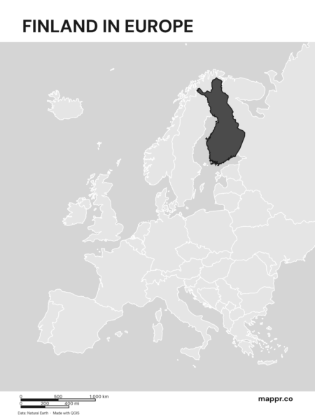 A map highlighting Finland's location on the european continent (black and white).
