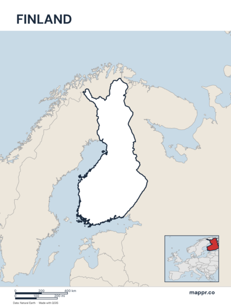 Outline map of Finland with detailed country borders.
