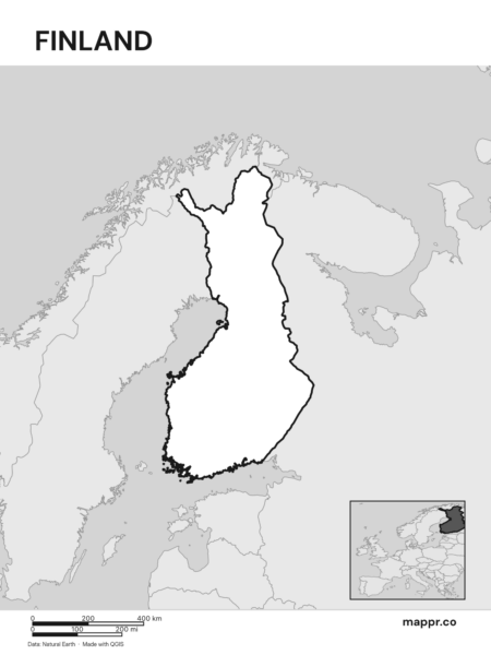 Outline map of Finland with detailed country borders (black and white).