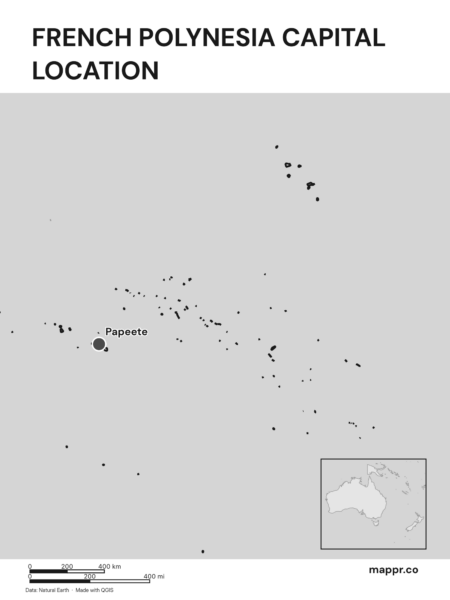 Detailed map pinpointing Papeete, the capital of French Polynesia (black and white).