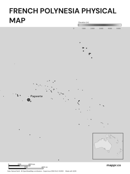 Map featuring Papeete, the capital of French Polynesia, with rich topographical detail (black and white).