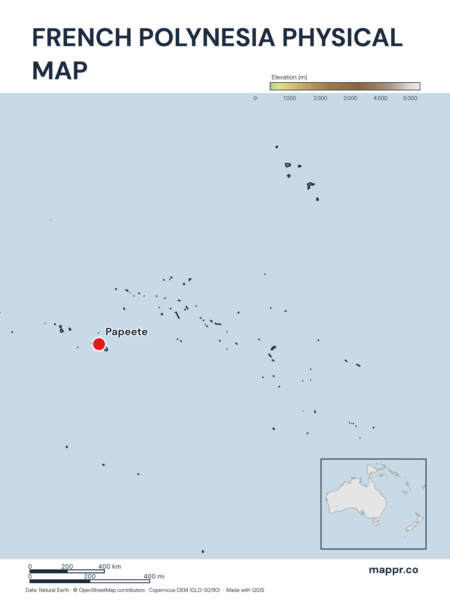 Map featuring Papeete, the capital of French Polynesia, with rich topographical detail.