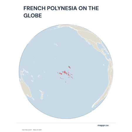 A map highlighting French Polynesia's location on a globe, marked with a red outline.