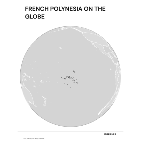 A map highlighting French Polynesia's location on a globe, marked with a red outline (black and white).
