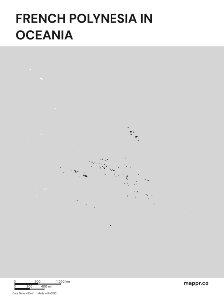 A map highlighting French Polynesia's location on the oceanian continent (black and white).