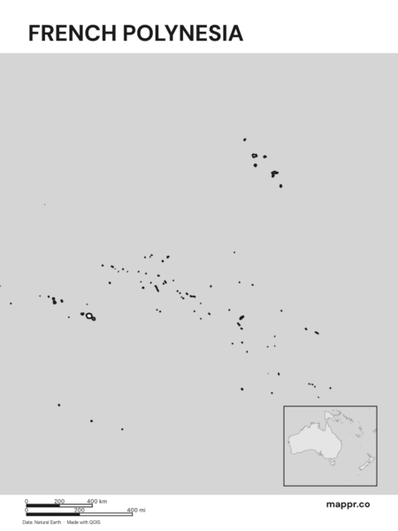 Outline map of French Polynesia with detailed country borders (black and white).