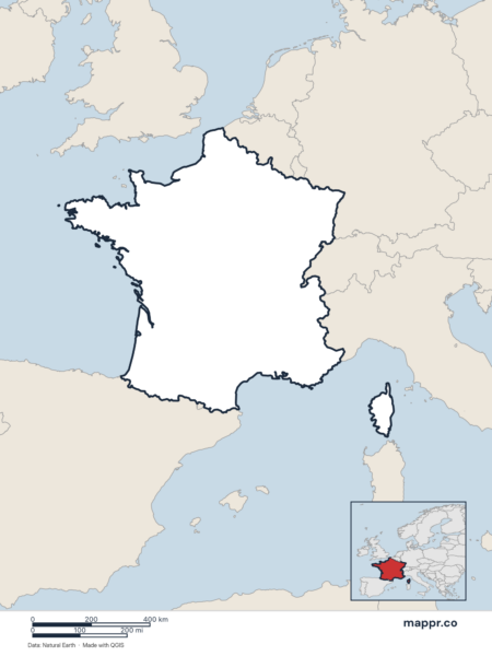 Blank political map of France showing its international borders without labels.