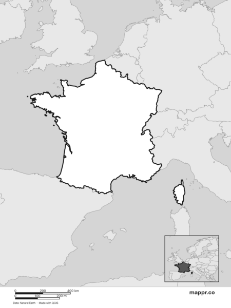 Blank political map of France showing its international borders without labels (black and white).