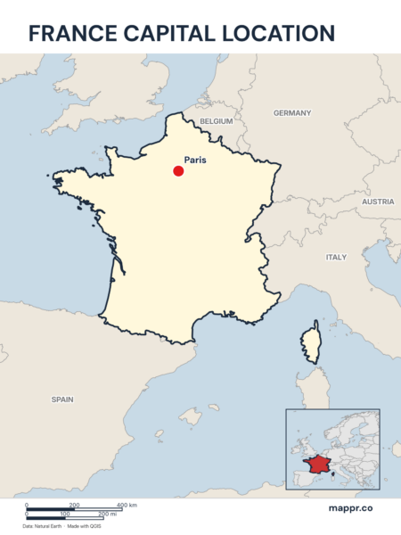 Detailed map pinpointing Paris, the capital of France.