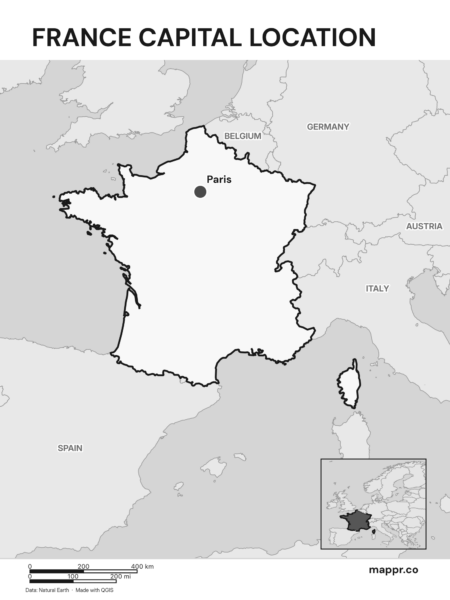 Detailed map pinpointing Paris, the capital of France (black and white).