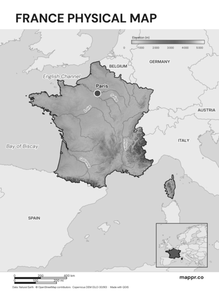 Map featuring Paris, the capital of France, with rich topographical detail (black and white).