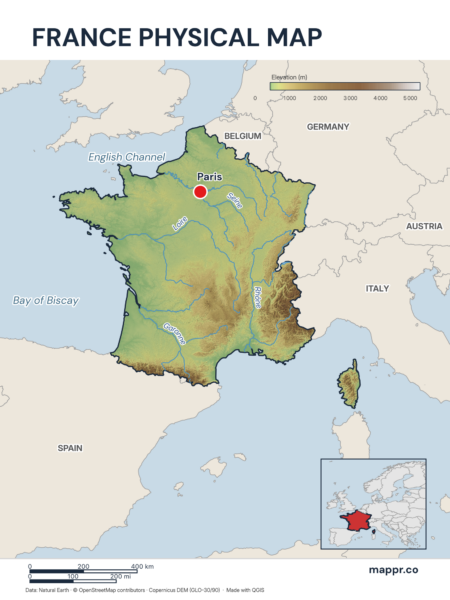 Map featuring Paris, the capital of France, with rich topographical detail.