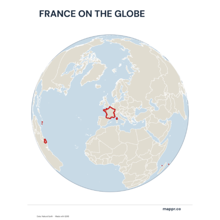 A map highlighting France's location on a globe, marked with a red outline.
