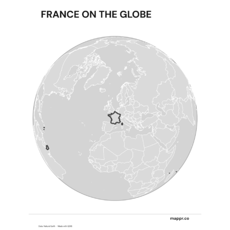 A map highlighting France's location on a globe, marked with a red outline (black and white).