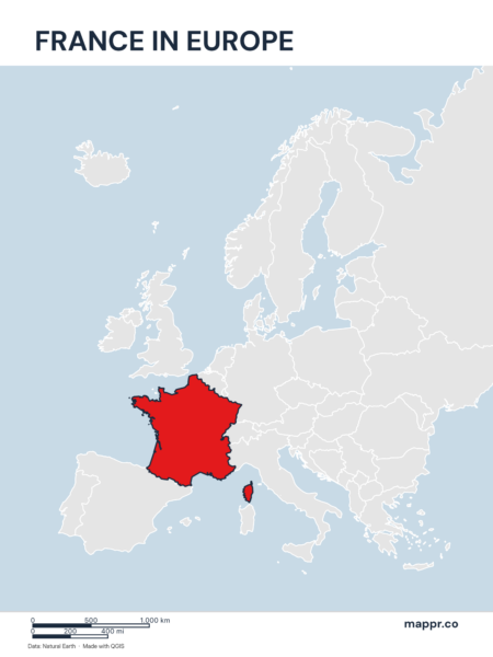 A map highlighting France's location on the european continent.