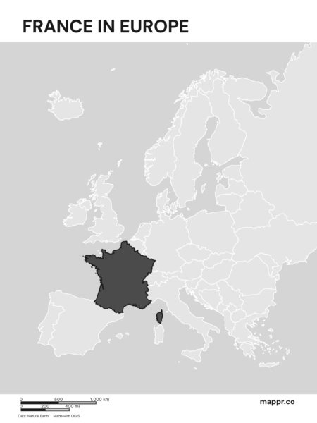 A map highlighting France's location on the european continent (black and white).