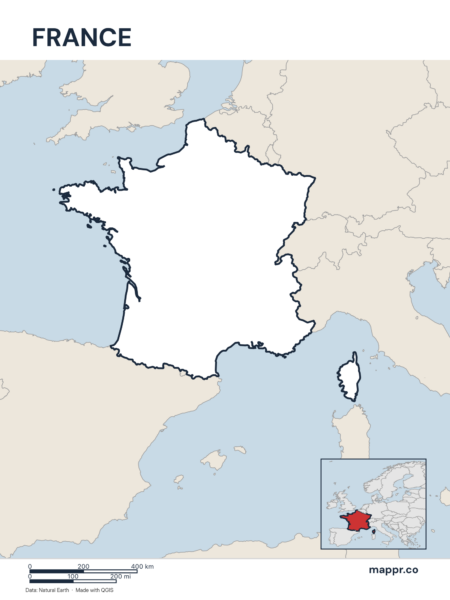 Outline map of France with detailed country borders, showcasing its geographical shape.