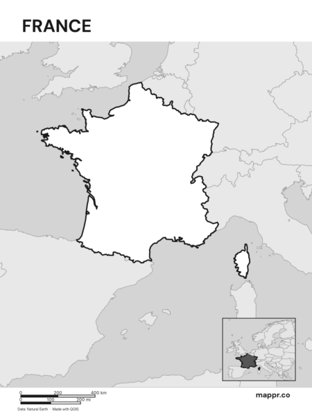 Outline map of France with detailed country borders, showcasing its geographical shape (black and white).