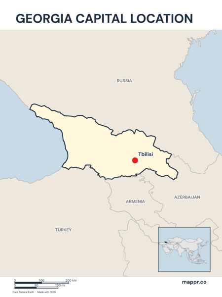 Detailed map pinpointing Tbilisi, the capital of Georgia.