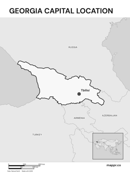 Detailed map pinpointing Tbilisi, the capital of Georgia (black and white).