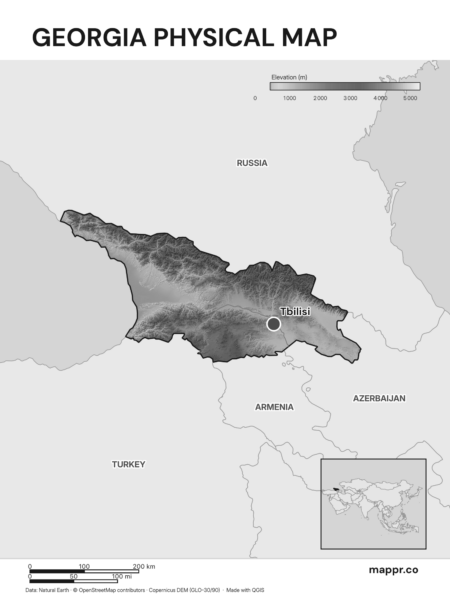Map featuring Tbilisi, the capital of Georgia, with rich topographical detail (black and white).