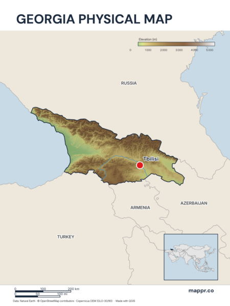 Map featuring Tbilisi, the capital of Georgia, with rich topographical detail.