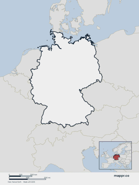 Blank political map of Germany showing its international borders without any labels, ideal for testing geography knowledge or custom map creation.