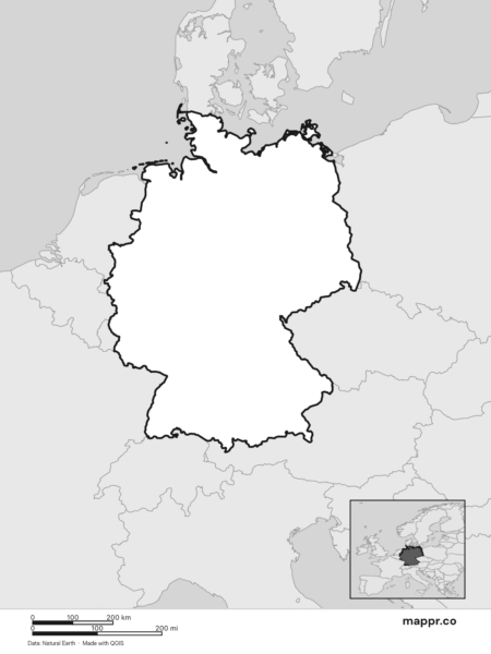 High-contrast black and white blank map of Germany, emphasizing borders and coastlines, suitable for educational use and map customization.