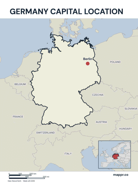Detailed map pinpointing Berlin, the capital of Germany, set against the country's full geographical layout in vibrant colors.