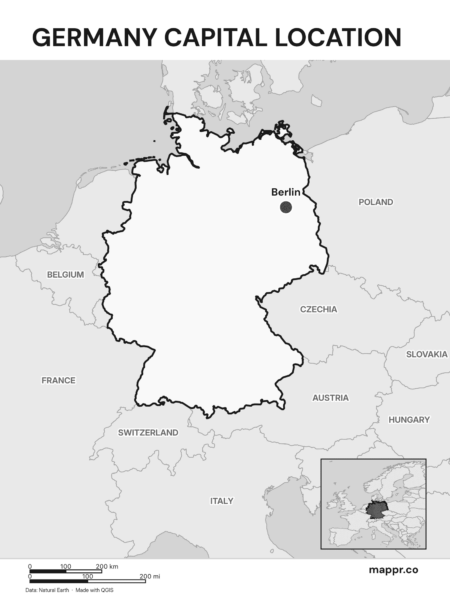 Black and white map highlighting Berlin, the capital city of Germany, against the backdrop of the country's borders and major cities.