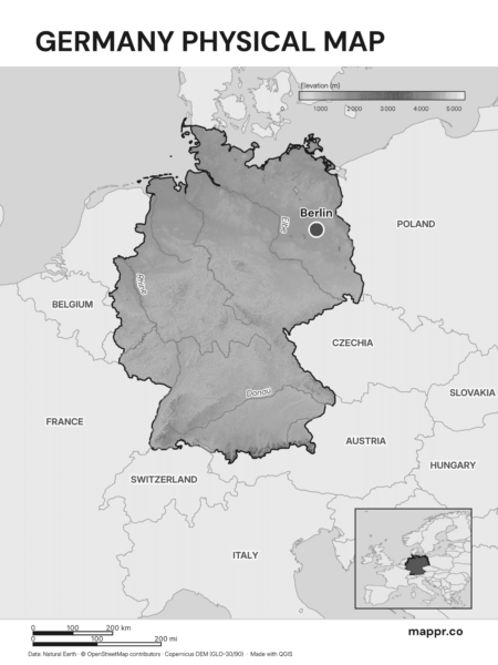 Detailed black and white raster map of Germany focusing on Berlin and its geographical context, ideal for academic and research purposes.