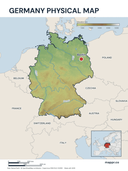 Illustrative map featuring Berlin, the capital of Germany, along with rich topographical details and neighboring regions in full color.