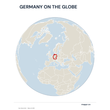 A map highlighting Germany's location on a globe, marked with a red outline on the European continent.