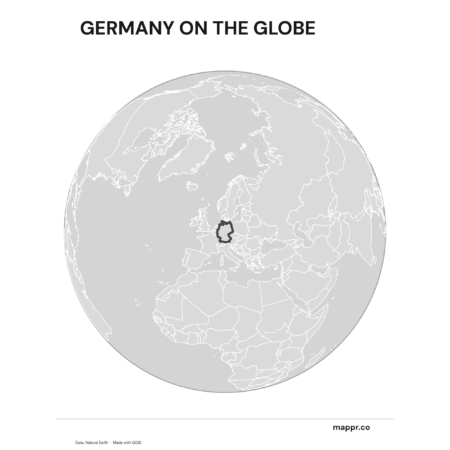A black and white globe highlighting Germany's location, showcasing its position on the European continent.
